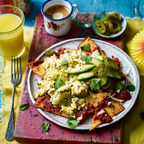 Chilaquiles rojos (brunch dish of Mexican nachos with scrambled eggs) SAINSBURY’S MAG Radio Gorgeous