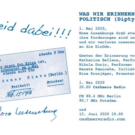 Cashmere Specials : Was Wir Erinnern Ist Politisch (Diptyque) 01.05.2020